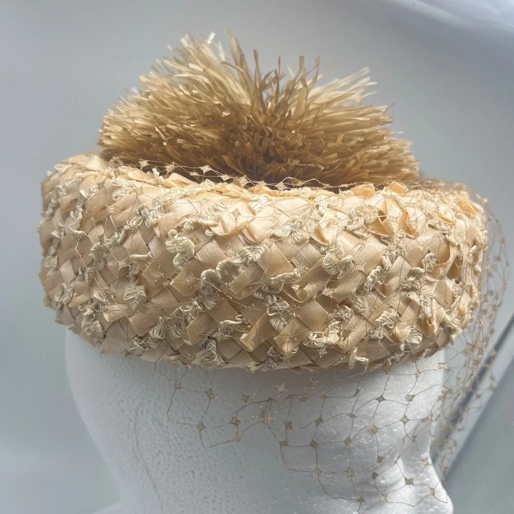 Vintage Cellophane Straw Jean Sutton Pill box Hat Spiky poof on‎ top READ